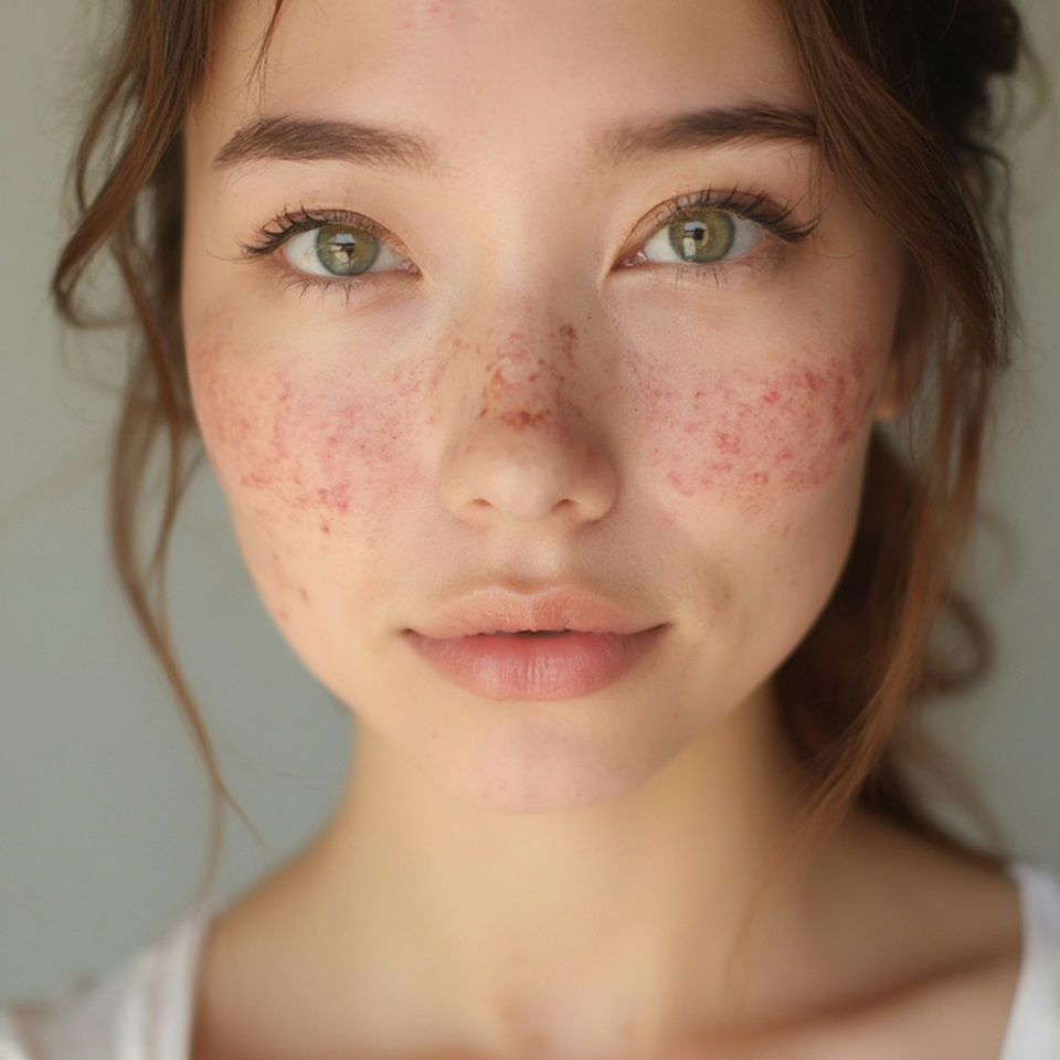 a woman with freckles looking at the camera