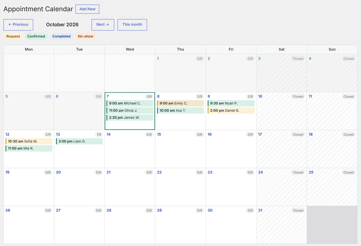 SmartUpWorld Clinic Appointments month calendar showing confirmed appointments and requests on each day