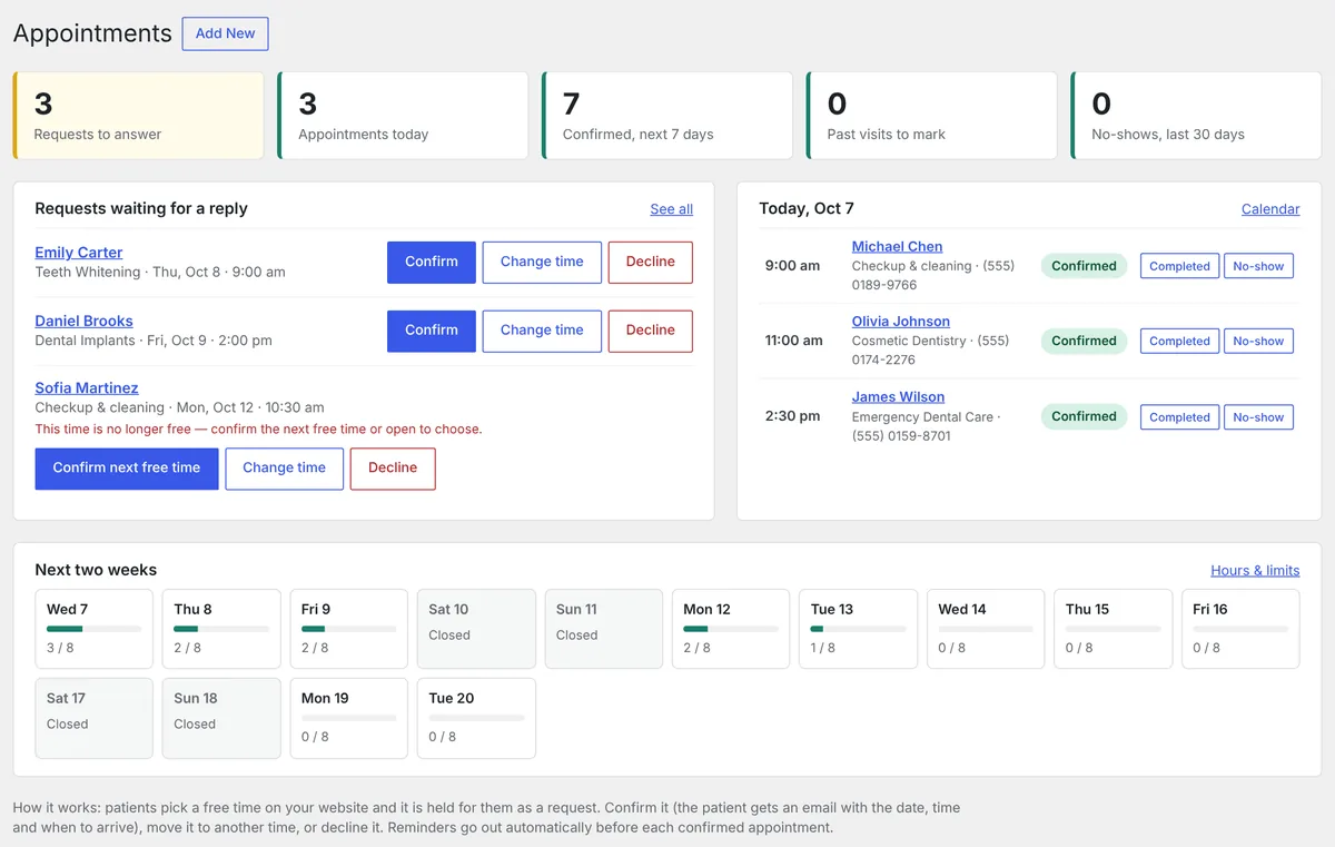 SmartUpWorld Clinic Appointments overview screen with requests to confirm, today's appointments and a two-week capacity view