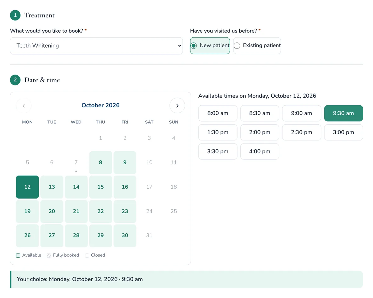SmartUpWorld Clinic Appointments booking form: treatment choice, monthly calendar with available days and time slots, and the chosen appointment time