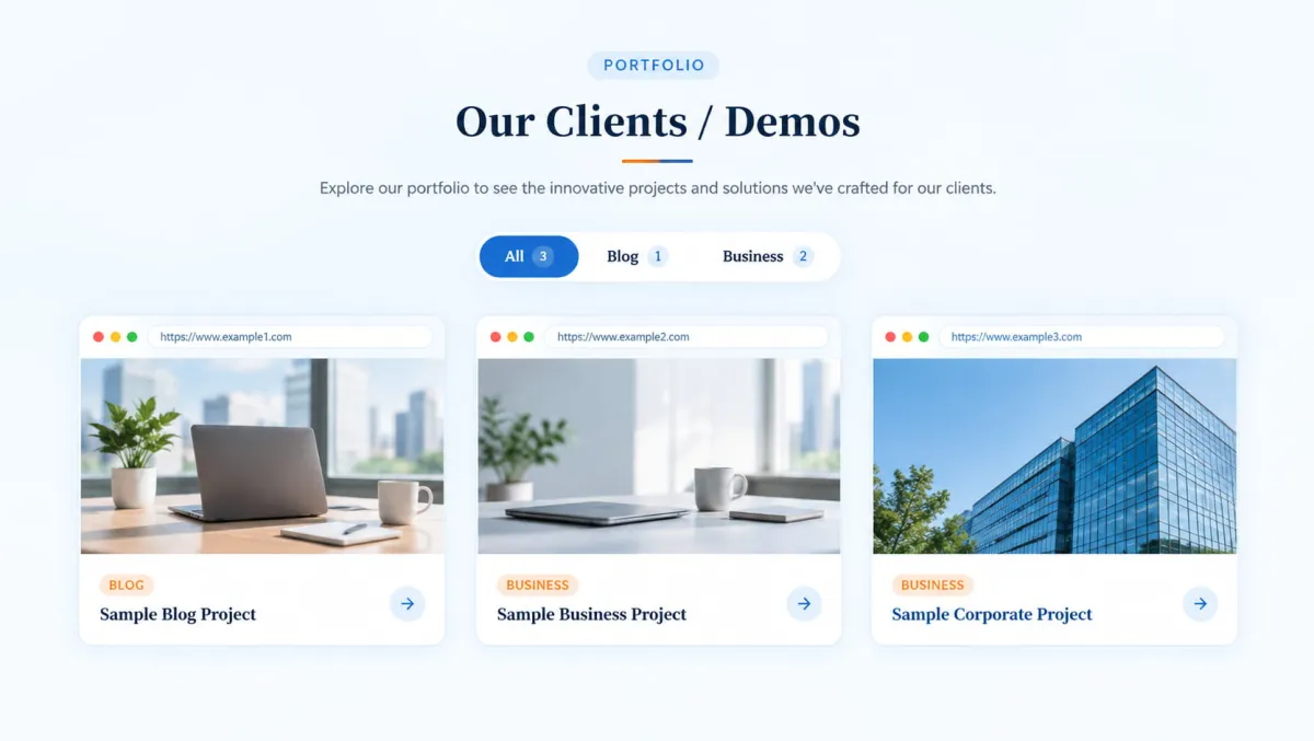 SmartUpWorld Portfolio Showcase: filter tabs and three browser-style portfolio project cards