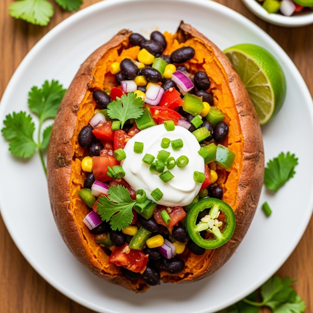 Baked Sweet Potato with Black Beans and Salsa recipe