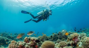 Advanced All-Inclusive Features and Guest Experience, Underwater scene, Coral reef, Scuba diver, Marine life, Vibrant coral, Ocean photography, Tropical fish, Clear blue water, Wetsuit diver, Scuba diving, Colorful coral formations, Reef ecosystem, Fish diversity, Ocean wildlife, Coral reef fish, Underwater exploration, Diving adventure, Marine biodiversity, Sunlight in water, Reef photography, Tropical marine life, Ocean adventure, Sea life, Reef environment, Coral textures, Snorkeling and diving, Ocean scenery, Aquatic life, Underwater landscape, Healthy coral reef