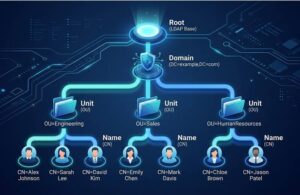 Diagram showing CN, OU, and DC components in an LDAP Distinguished Name