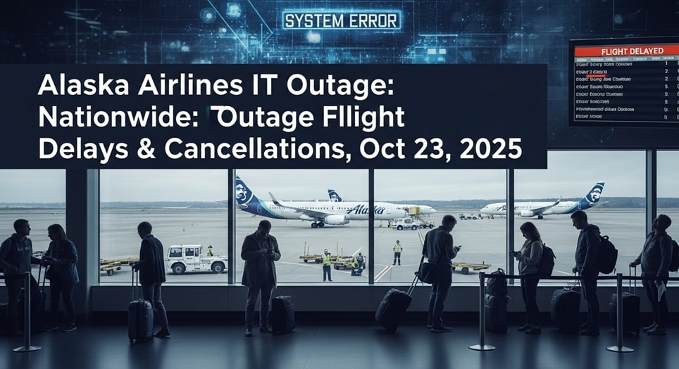 Feature image Alaska Airlines Grounds All Flights Nationwide: IT Outage Sparks Widespread Delays, Cancellations on October 23, 2025