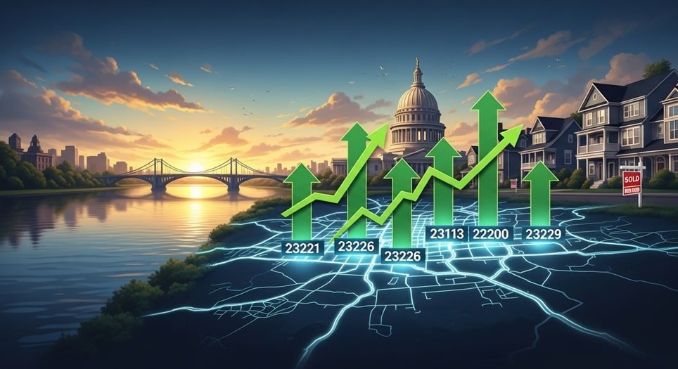 Richmond’s hottest zip codes, home appreciation Richmond, Richmond city zip codes, Richmond VA real estate 2025, top ZIP codes Richmond appreciation