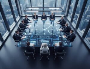 Business leaders discussing industry trends and competitive strategies around a modern boardroom table