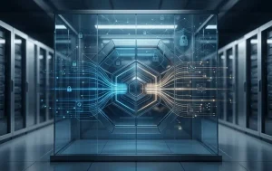 A secure AI data privacy vault in a modern server room with glowing blue security circuits.